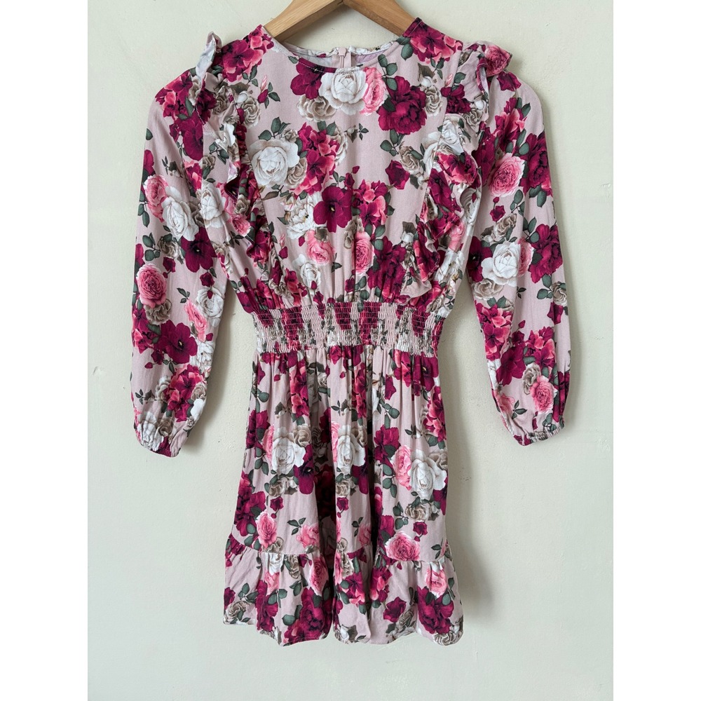Mayoral Girl Pink Floral Ruffle Smocked Long Sleeve Dress Sz 8 128cm Cottagecore